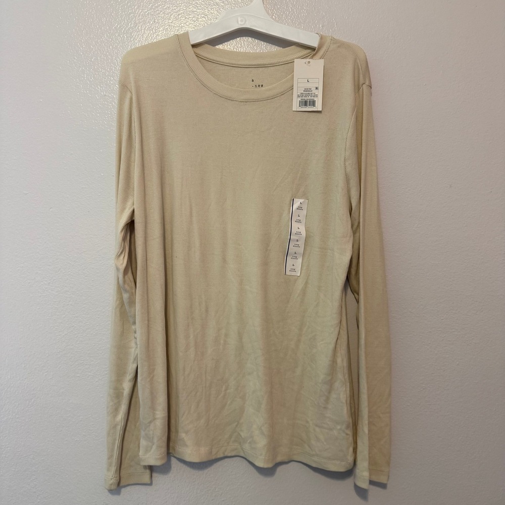 A New Day Women Cream Ribbed Long Sleeve Crewneck T-Shirt Size Large NWT
